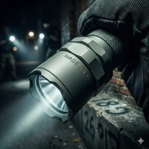 A tactical professional using the best flashlight made in usa during a low-light outdoor mission.
