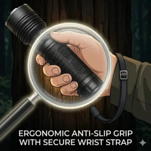 Close-up illustration of a lightweight walking flashlight with an ergonomic anti-slip grip and wrist strap.