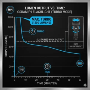 A technical chart showing the lumen output over time for the smallest most powerful flashlight on turbo mode.