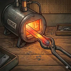 A glowing propane gas forge heating a high-carbon steel bar, demonstrating heat treating tools for knife making in a bladesmithing shop.