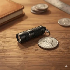 The smallest flashlight placed next to a coin to show scale.