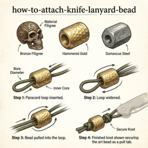 Comparison of different knife lanyard beads finishes including stonewashed titanium, polished brass, and forced patina copper.