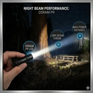 Nighttime demonstration of the impressive beam distance and throw of the smallest most powerful flashlight.
