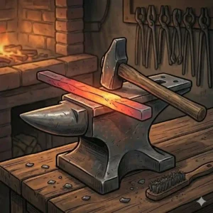A heavy steel blacksmith anvil and cross-peen hammer used as traditional hand tools for knife making to forge a blade profile.