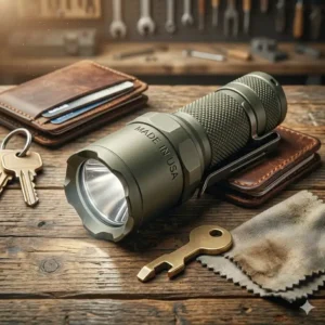 A compact everyday carry version of the best flashlight made in usa placed next to a leather wallet.