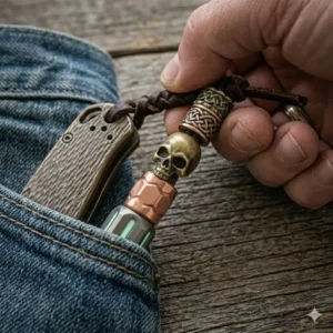 A close-up of lanyard beads providing extra grip while pulling a pocket knife from a pocket.