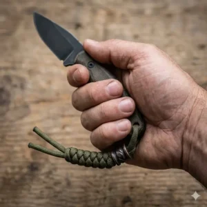 Illustration of a hand holding a small fixed blade knife with a knife lanyard providing extra grip and leverage.