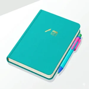 A colorful illustration showing a gel pen clipped onto the side of a hardcover notebook using its pen clip.