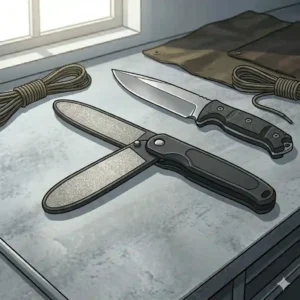 A foldable pocket-sized tool designed as portable diamond sharpeners for knives next to outdoor gear.