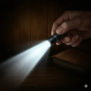 A bright beam of light emitted from the smallest flashlight in a dark room.