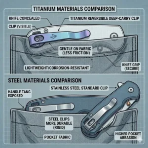 A comparison diagram of different materials for a knife pocket clip, highlighting a lightweight titanium clip versus a durable steel clip.