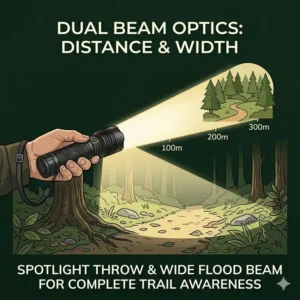 An illustration showing the wide flood beam and long-distance throw of a premium walking flashlight.