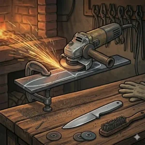 An electric angle grinder cutting out a knife blank from a sheet of steel, showing budget-friendly entry tools for knife making.