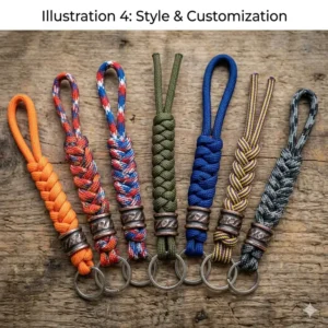 A variety of colorful paracord knife lanyard styles in different patterns and weaves for EDC customization.