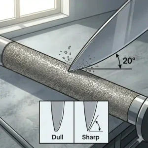 A detailed close-up showing the exact 20-degree angle technique required when using diamond sharpeners for knives.