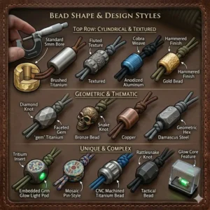 A size comparison chart showing small and large knife lanyard beads next to a standard folding pocket knife for scale.