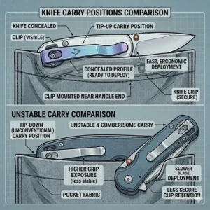 A helpful diagram illustrating the difference between tip-up and tip-down carry orientations for a knife pocket clip on a folding knife.