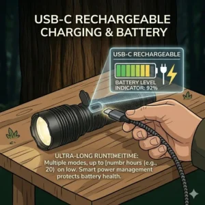 Illustration of a walking flashlight featuring a USB-C charging port and battery life indicator.