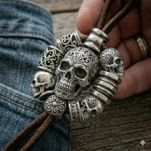 Illustration 4: Intricately carved silver skull lanyard beads attached to a black paracord keychain.