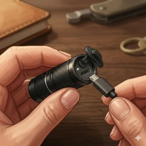 Detail view of the USB charging port on the smallest flashlight.