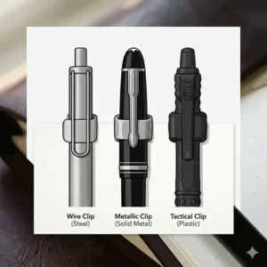 A comparison layout showcasing plastic, metal, and heavy-duty tactical pen clip designs.