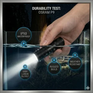 An IPX8 rated smallest most powerful flashlight submerged in water to show rugged build quality and weather resistance.