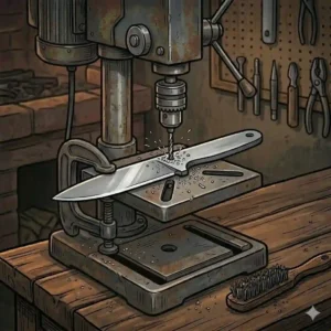 A workshop drill press boring precise pinholes into the steel tang of a custom knife blank for handle scale attachment.