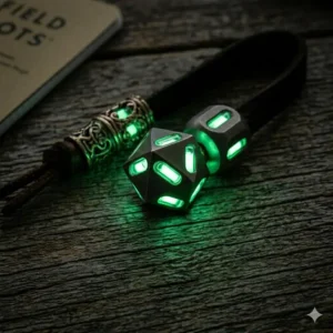 Lanyard beads with tritium inserts glowing in low light for easy gear identification at night.