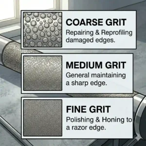 An educational grit level comparison chart explaining how different grits work for diamond sharpeners for knives.