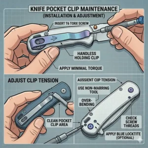 A step-by-step instructional illustration showing how to use a precision screwdriver to install or replace a knife pocket clip.