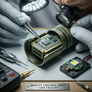 An expert technician performing quality control on the internal circuitry of the best flashlight made in usa.