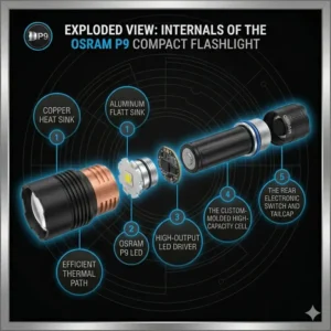 An exploded view illustration showing the copper heat sink and LED driver inside the smallest most powerful flashlight.
