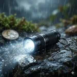 The smallest flashlight being tested for water resistance in rain.