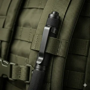 A rugged tactical pen clip secured to the heavy-duty strap of an outdoor backpack.