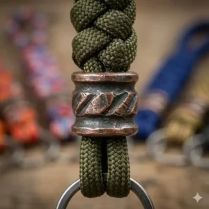 Detailed close-up of a decorative titanium bead threaded onto a 550 paracord knife lanyard.