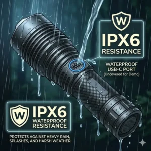 A walking flashlight being used in rainy conditions to demonstrate IPX6 waterproof durability.