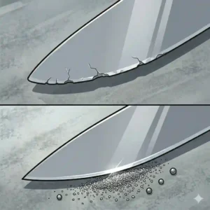 A macro before and after comparison of a damaged blade edge repaired cleanly by diamond sharpeners for knives.