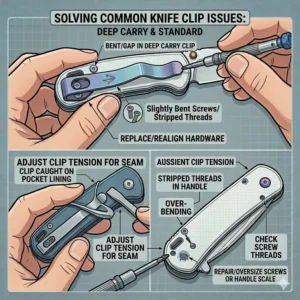 An illustrated guide showing a common issue with a bent knife pocket clip and a diagram on how to tension it back into position.