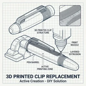 A 3D printing illustration demonstrating how to make a custom DIY replacement pen clip.