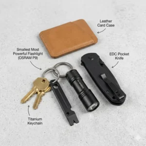 A minimalist everyday carry kit featuring a titanium keychain and the smallest most powerful flashlight available.