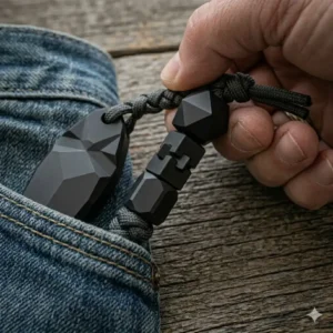 Sleek geometric-shaped lanyard beads in matte black aluminum for a modern EDC look.