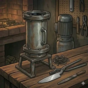 A vertical metal quench tank filled with oil used alongside heat treating tools for knife making to harden the steel blade.