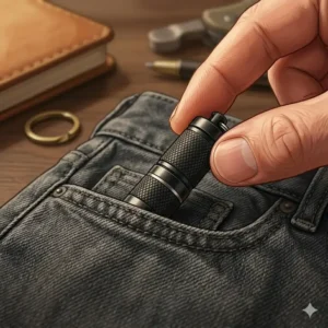 A person holding the smallest flashlight comfortably inside a small pocket.