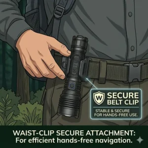 Illustration of a compact walking flashlight clipped to a belt for hands-free evening walks.
