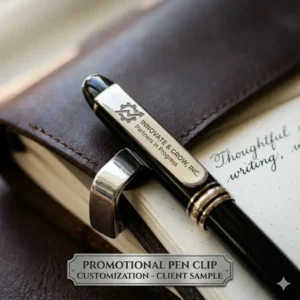 A promotional corporate pen featuring a custom branded logo engraved on the metal pen clip.
