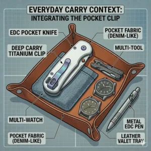 A flat-lay illustration of everyday carry (EDC) essentials featuring a flashlight, wallet, and a pocket knife securely held by its knife pocket clip.
