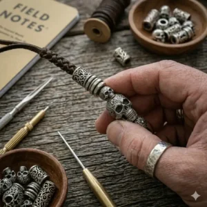 An artisan assembling custom lanyard beads onto a hand-braided paracord lanyard.