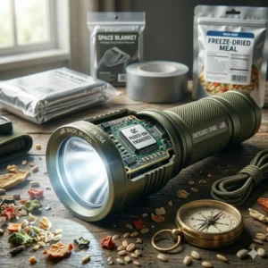 The best flashlight made in usa stored inside a home emergency preparedness kit with survival supplies.