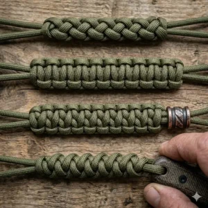 Comparison of different knife lanyard weave patterns including the cobra stitch and the snake knot.