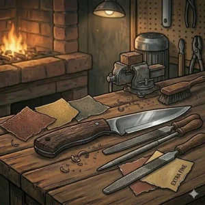 A variety of metal hand bastards, needle files, and sheets of abrasive sandpaper used as finishing tools for knife making and handle shaping.
